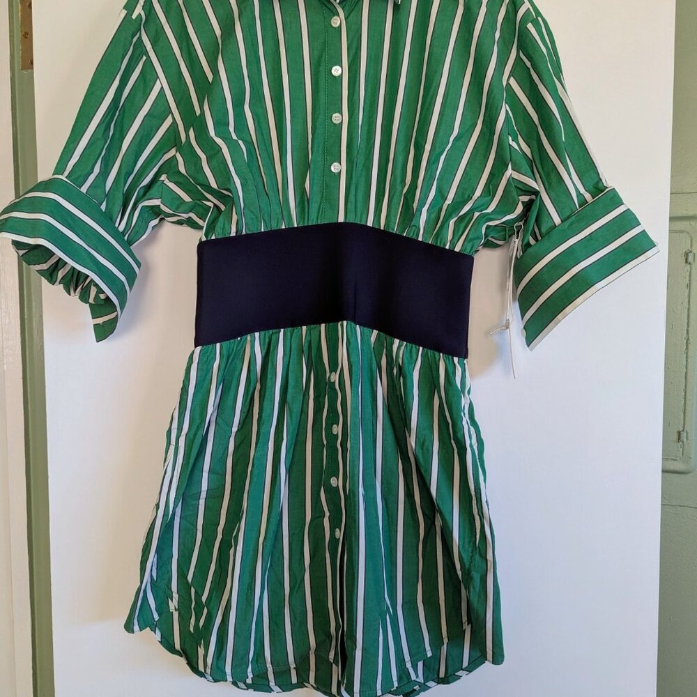 STAUD Michelle Striped Shirt Mini Dress Seaweed Green Size M NWT Chic Versatile - Picture 10 of 16